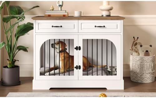 Farmhouse Dog Crate Furniture End Table with 2 Storage Drawers, 360° Rotating Locking Food Bowls, Large & Medium Indoor Metal Bar Kennel for Living Room, White and Brown
