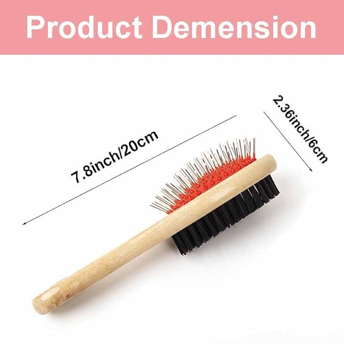 Wooden Dog Brush Double Sided Pet Hair Grooming Brush Dog Pin Brush and Bristle Soft Brush, Dogs Comb and Brush Grooming Tools for Cleaning for Dogs & Cats with Long or Short Hair