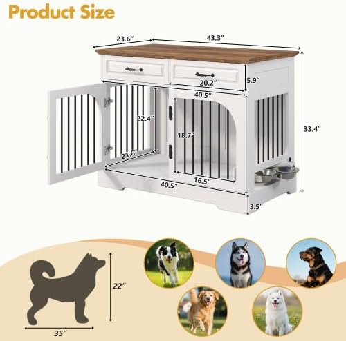 Farmhouse Dog Crate Furniture End Table with 2 Storage Drawers, 360° Rotating Locking Food Bowls, Large & Medium Indoor Metal Bar Kennel for Living Room, White and Brown