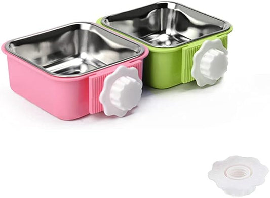 Crate Dog Bowl,Removable Stainless Steel Water Food Feeder Bowls Crate Coop Cup,Pet Cage Bowls with Bolt Holder for Cat, Puppy, Birds, Rats, Rabbits Small Animals ((Green+Pink) Square, Large)