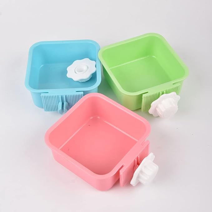 Crate Dog Bowl,Removable Stainless Steel Water Food Feeder Bowls Crate Coop Cup,Pet Cage Bowls with Bolt Holder for Cat, Puppy, Birds, Rats, Rabbits Small Animals ((Blue+Green+Pink) Square, Samll)