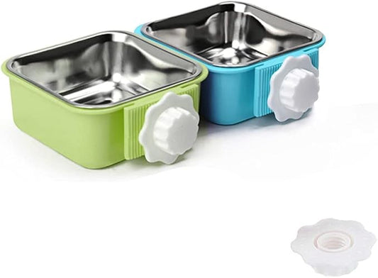 Crate Dog Bowl,Removable Stainless Steel Water Food Feeder Bowls Crate Coop Cup,Pet Cage Bowls with Bolt Holder for Cat, Puppy, Birds, Rats, Rabbits Small Animals ((Blue+Green) Square, Large)