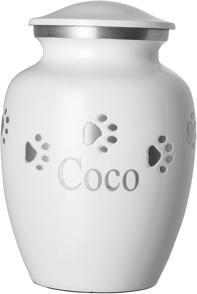 Ottillie Paws Premier Series Pet Urn for Dogs with Personalized Laser Engraving (X-Large - Pets up to 170 lbs, Cloud White with Horizontal Pewter Paws)