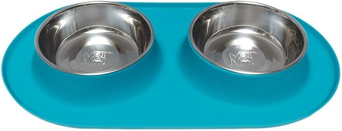 Messy Mutts Double Silicone Feeder with Stainless Bowls | Non-Skid Food Dishes for Dogs for All Pets | Dog Food Bowls | Large, 3 Cups Per Bowl | Blue