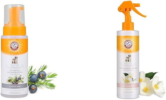 Arm & Hammer Ultra Fresh Bundle: No Rinse Deodorizing Foam, Juniper Mist Scent, 8 Fl Oz & Waterless Bath Spray, White Jasmine Scent, 10 Fl Oz - With Natural Deodorizing Baking Soda