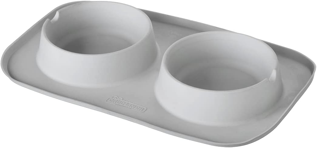 Croc Liner Pet Feeding System, Dog and Cat Bowls, Removable Dishwasher Safe Food and Water Dishes, Non-Slip, Non-Spill Silicone Pad, Raised Edges to Avoid Mess & Spills (Light Gray)