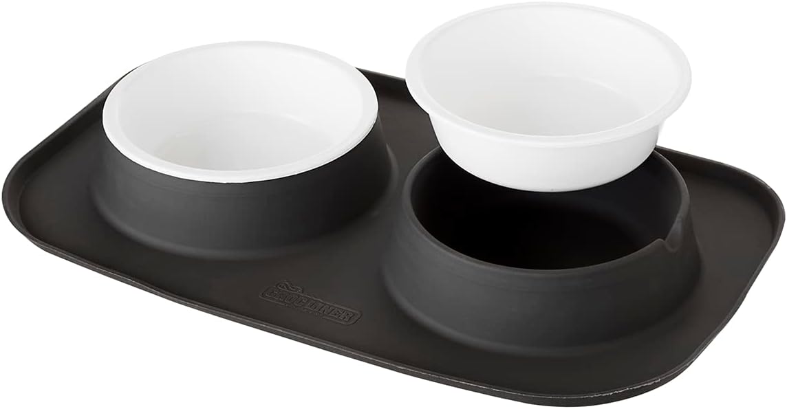 Croc Liner Pet Feeding System, Dog and Cat Bowls, Removable Dishwasher Safe Food and Water Dishes, Non-Slip, Non-Spill Silicone Pad, Raised Edges to Avoid Mess & Spills (Dark Gray)