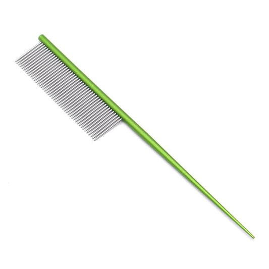 Professional Pet Grooming Comb, 7.2-Inch Stainless Steel Detangling Tool with Ergonomic Handle for Dogs and Cats, Long and Short Coats (Green, Medium)