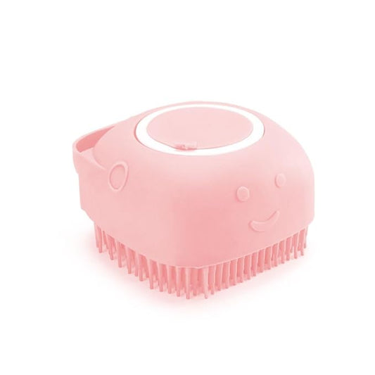 Dog Bath Brush with Shampoo Dispenser – Soft Silicone Pink Pet Scrubber for Stress-Free Bathing, Easy Refill (Dogs & Cats)