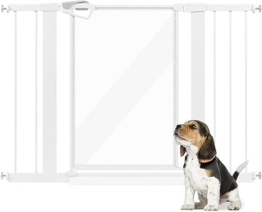 unipaws Clear Dog Gate for Doorway Stairs Wide Openings, Pressure Mounted Extra Wide Pet Door with Extension Parts, No Drilling Walk Through Gate, Indoor, White