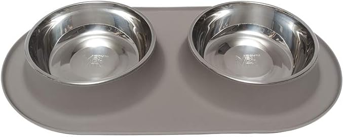 Messy Mutts Double Silicone Feeder with Stainless Bowls | Non-Skid Food Dishes for Dogs for All Pets | Dog Food Bowls | Extra-Large, 6 Cups Per Bowl | Grey