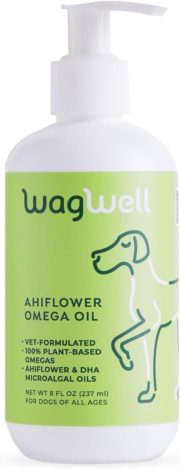 WagWell Ahiflower Omega Oil for Dogs | Vet-Formulated Health Supplement for Joints, Skin, Coat | Plant-Based Omega 3-6-9 Food Topper | for Dogs of All Ages & Sizes, All Natural, Made in USA | 8 fl oz