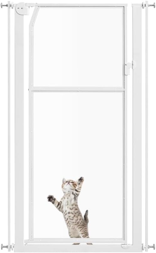 unipaws 56" Extra Tall Pet Gate, Clear Transparent Tall Cat Gate, 29.5-33.5" Wide No Drilling Pressure Mounted Dog Gate for Doorway, Hallway, Stairs, White