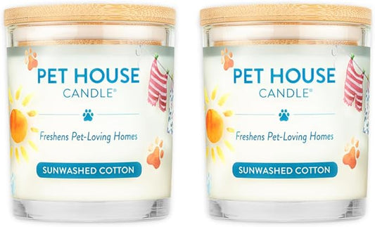 One Fur All Pet House Candle 2 Pack - Plant-Based/Soy - Clean Burning Scented, Long Lasting Pet Odor Candle for Home - Sunwashed Cotton