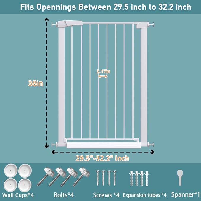 Fairy Baby 38" Extra Tall Baby Gate for Stairs, Fits 29.5" to 32.2" Wide Openings, Metal Auto Close Dog Gate Indoor for the House Doorways, Pressure Mounted Pet Cat Gate for Toddler Kids, White