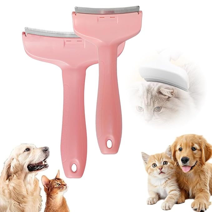 2 Pcs Pet Hair Removal Comb, Cats Dogs Comfy Deshedding Comb, Cat Dog Pet Grooming Brush For Cleaning Shedding Hairs, De-Shedding Clear Tool for Short and Long Hair Pets (Pink, S + L)