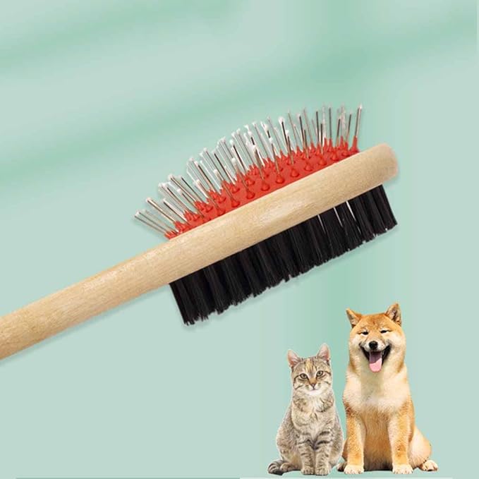 Wooden Dog Brush Double Sided Pet Hair Grooming Brush Dog Pin Brush and Bristle Soft Brush, Dogs Comb and Brush Grooming Tools for Cleaning for Dogs & Cats with Long or Short Hair