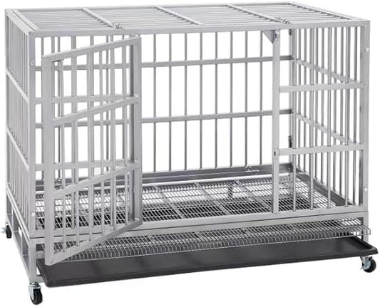 38 Inch Heavy Duty Dog Crate Cage with Wheels, Indestructible and Escape Proof Steel Kennel Indoor for High Anxiety Dogs with Sturdy Locks, Double Door and Removable Tray, Extra Large XL XXL