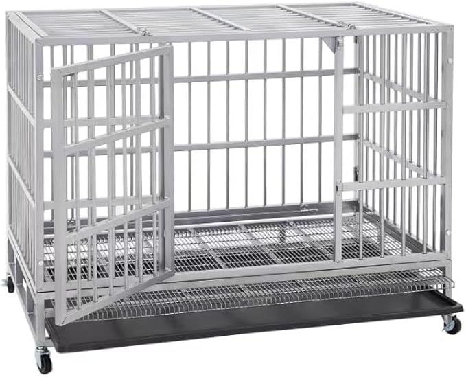 42 Inch Heavy Duty Dog Crate Cage with Wheels, Indestructible and Escape Proof Steel Kennel Indoor for High Anxiety Dogs with Sturdy Locks, Double Door and Tray, Extra Large XL XXL, Silver