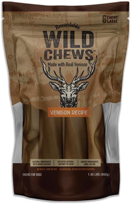 | Wild Chews | Venison Recipe, Made with Real Venison, Limited Ingredient, Long Lasting Chews for Large Dogs | 6 Count