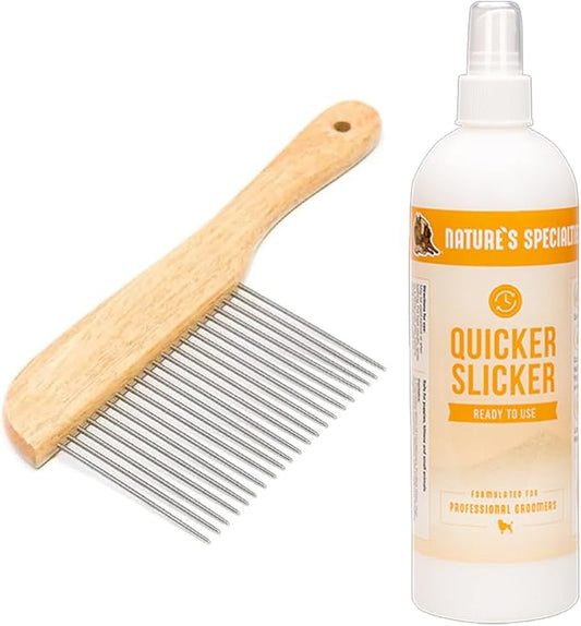 Paw Brothers Grooming Tool and Nature's Specialties Conditioning Spray Bundle - Poodle Comb, Extra Long Teeth, Wooden Handle - Quicker Slicker Detangling and Conditioning Spray, Ready to Use, 16 oz