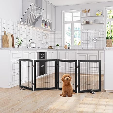 Semiocthome Freestanding Dog Gate Indoor,Dog Gates for Doorways and Stairs,24" H- 4 Panels Puppy Gate with 2 Metals Stands Adjustable Safety Fence Wire Pet Gates - Black