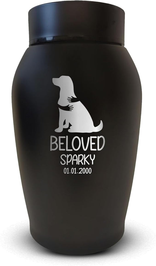 Personalized Custom Small Keepsake Urn Engraved with Pet Name, Date, and Dog Design - 5.2" Black Powder Coated Steel Cremation Urn for Dogs Ashes | 12-16 lb Capacity, Embrace