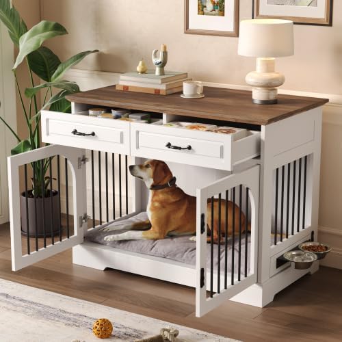 Farmhouse Dog Crate Furniture End Table with 2 Storage Drawers, 360° Rotating Locking Food Bowls, Large & Medium Indoor Metal Bar Kennel for Living Room, White and Brown