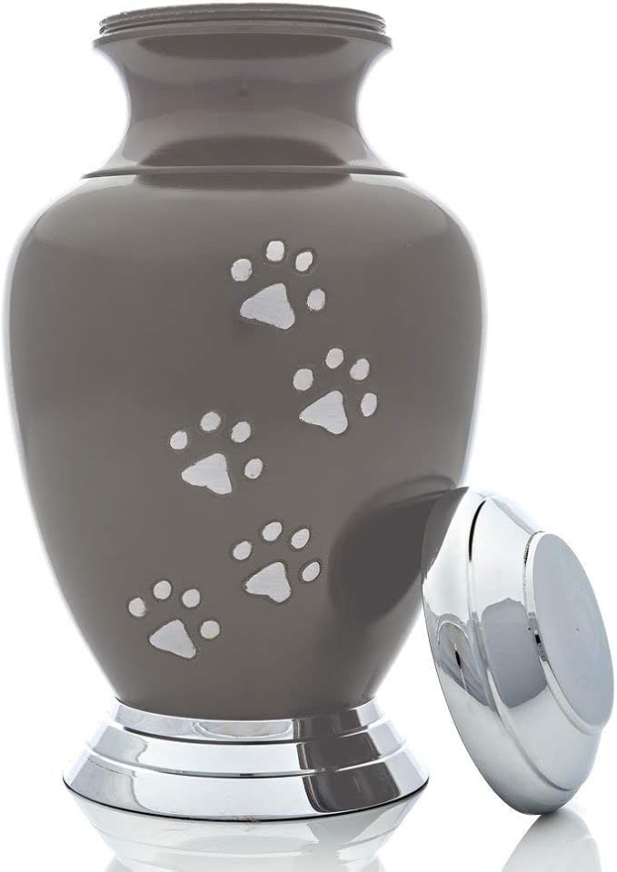 Kennedy Paws Series Pet Urn for Dogs and Cats, Handmade Aluminum Memorial Cremation Urn (Small - Pets up to 25 lbs, Slate, Pewter, Vertical, Chrome)