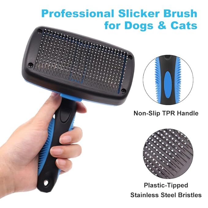 Self Cleaning Slicker Brush for Dogs & Cats, Gentle Deshedding and Hair Removal Tool for Long & Short Haired Pets, Easy Push Button, Yellow