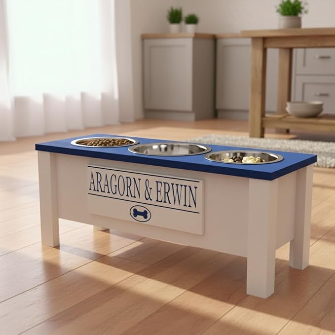 GTW Elevated 3 Bowl Dog Feeding Station - Customized Triple Stand for Large Dogs - Includes Storage & Stainless Steel Bowls (Large, Blue)