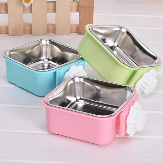 Crate Dog Bowl,Removable Stainless Steel Water Food Feeder Bowls Crate Coop Cup,Pet Cage Bowls with Bolt Holder for Cat, Puppy, Birds, Rats, Rabbits Small Animals ((Blue+Green+Pink) Square, Large)