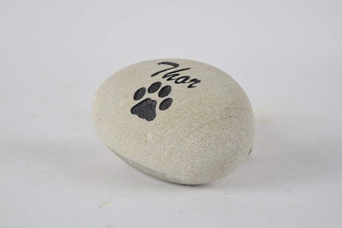 Pet Memorial Headstone Grave Marker - Natural Stone River Rock Sandblast Engraved with Your Pets Name and a Paw Print for Dog or Cat 3" to 4"