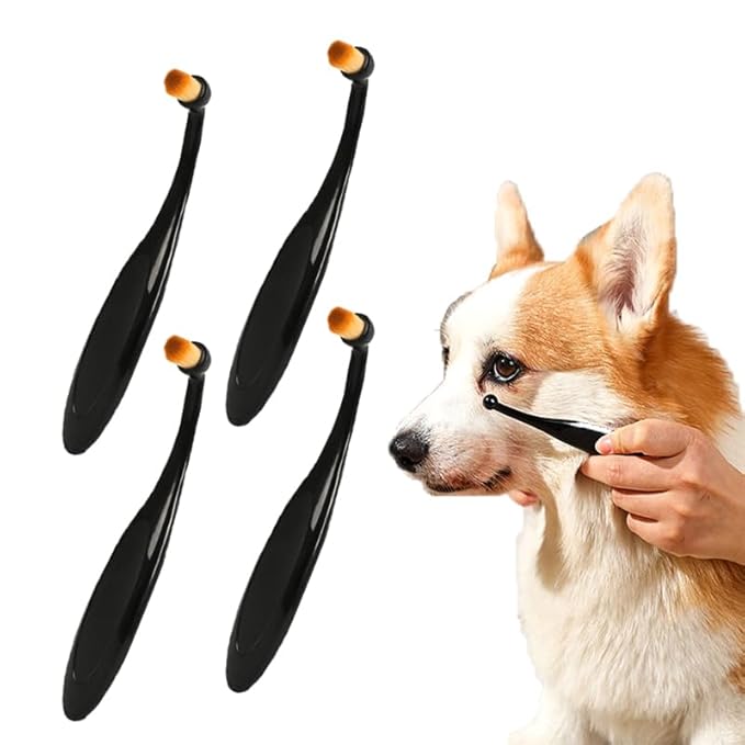 Dog and Cat Eye Powder Brush - 4 Pack Tear Stain Remover Brush with Washable Fiber Ergonomic Handle - Long Tapered Bristles for Dogs, Cats(Black)