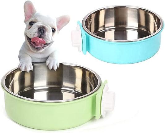 Crate Dog Bowl,Removable Stainless Steel Water Food Feeder Bowls Crate Coop Cup,Pet Cage Bowls with Bolt Holder for Cat, Puppy, Birds, Rats, Rabbits Small Animals ((Blue+Green) Round, Large)