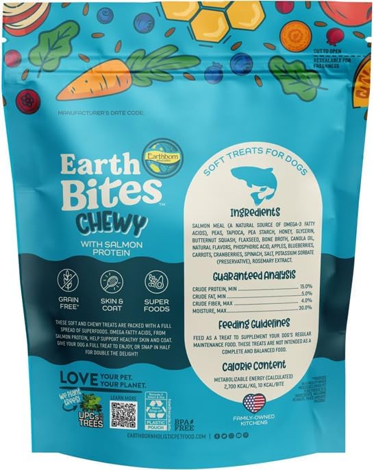 Earthborn-Holistic Dog Treats Chewy Variety Pack - 4 Delicious Earth Bites Flavors: Lamb, Bison, Turkey, & Salmon (7oz Each)