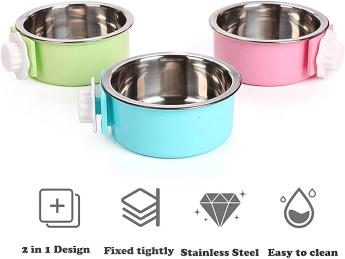 Love Dream Crate Dog Cat Bowls, Removable Stainless Steel Hanging Pet Cage Bowls for Kennel, Water Food Feeder Cage Coop Cup for Cats, Dogs, Rabbits and Small Animals (Large, Blue)