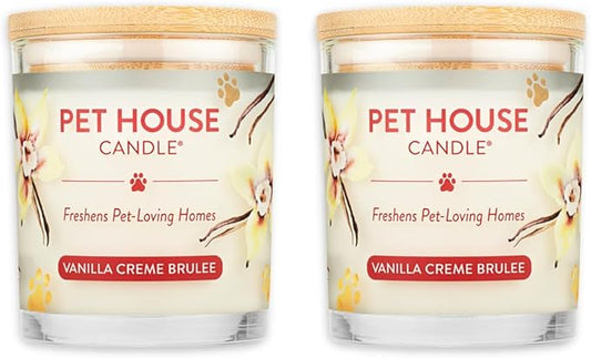 One Fur All Pet House Candle 2 Pack - Plant-Based/Soy - Clean Burning Scented, Long Lasting Pet Odor Candle for Home - Vanilla Crème Brulee