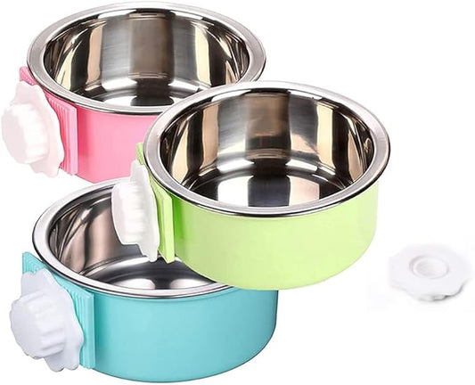 Crate Dog Bowl,Removable Stainless Steel Water Food Feeder Bowls Crate Coop Cup,Pet Cage Bowls with Bolt Holder for Cat, Puppy, Birds, Rats, Rabbits Small Animals ((Blue+Green+Pink) Round, Samll)