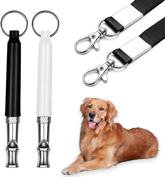 2 Pack Dog Whistle - Dog Whistle to Stop Barking Neighbor's Dog & Long Range Recall, Adjustable Ultrasonic Silent Dog Whistle with Lanyard for Training Recall, Professional Obedience (Black & White)