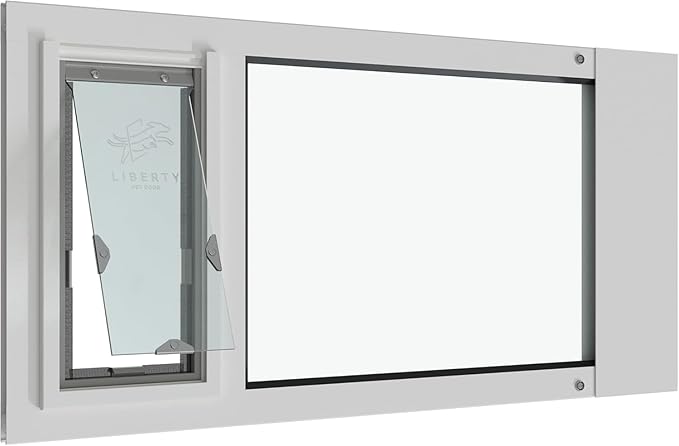 Liberty Pet Door Panel for Sash Windows | Durable Aluminum Frame with Closing Cover | Energy Efficient Safety Glass | White, Small Flap, 27.5" - 29" Width