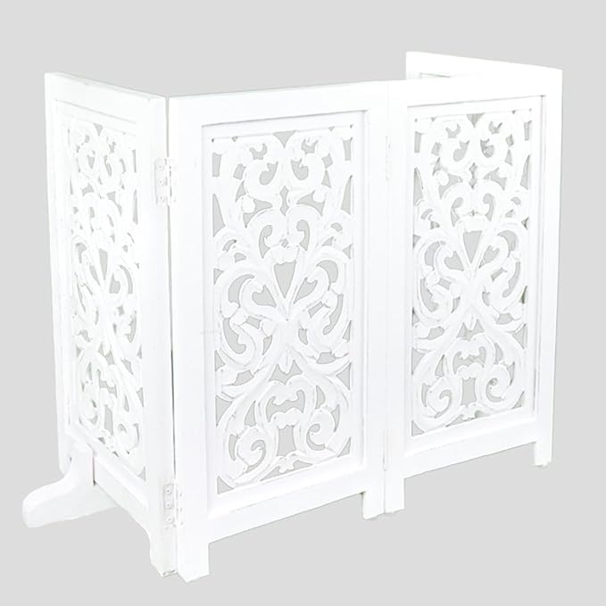 Decorative Wooden Pet Gate, Dog Fence, Cat Gate, Foldable, Adjustable, Portable, Extra-Wide, Wooden Dog Barrier, Free-Standing Puppy Gate 4 Panels for Indoor, Doorways, Stairs-26x52 Inch White Antique