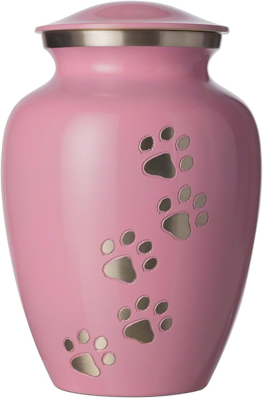 Ottillie Paws Legacy Series Pet Urn for Dogs, Handmade Aluminum Memorial Cremation Urn (Large - Pets up to 115 lbs, Ardent Pink, Vertical Pewter Paws)
