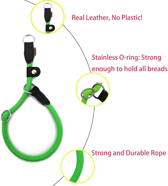 Braided Round Martingale Dog Collar, Training Collar with Slidable Stop Ring and Adjustable Stopper - Ideal for Medium Dogs (M(1/3") - 18" Long, Light Green)