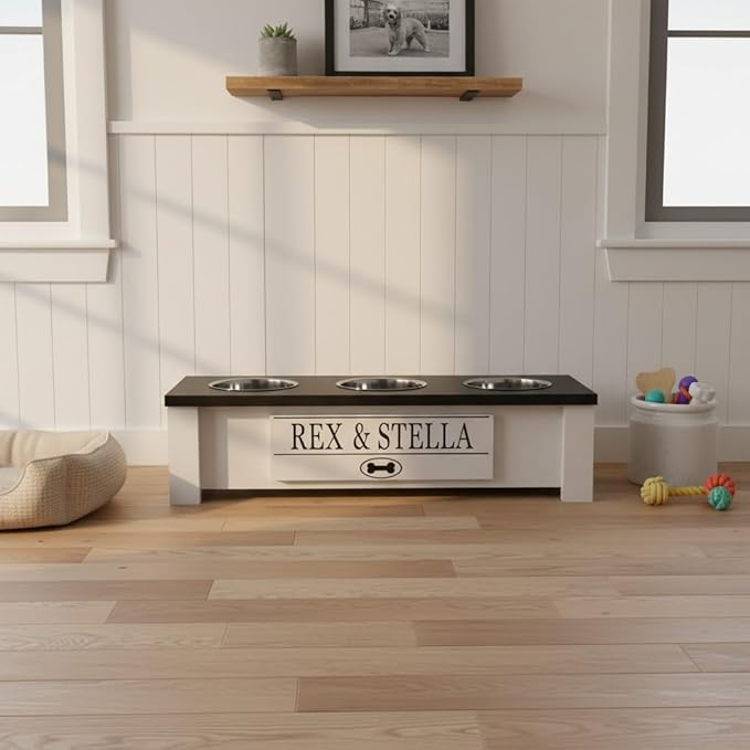GTW Elevated 3 Bowl Dog Feeding Station - Customized Triple Stand for Small Dog Breeds - Includes Storage & Stainless Steel Bowls (Small, Black)