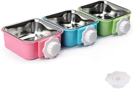 Crate Dog Bowl,Removable Stainless Steel Water Food Feeder Bowls Crate Coop Cup,Pet Cage Bowls with Bolt Holder for Cat, Puppy, Birds, Rats, Rabbits Small Animals ((Blue+Green+Pink) Square, Samll)