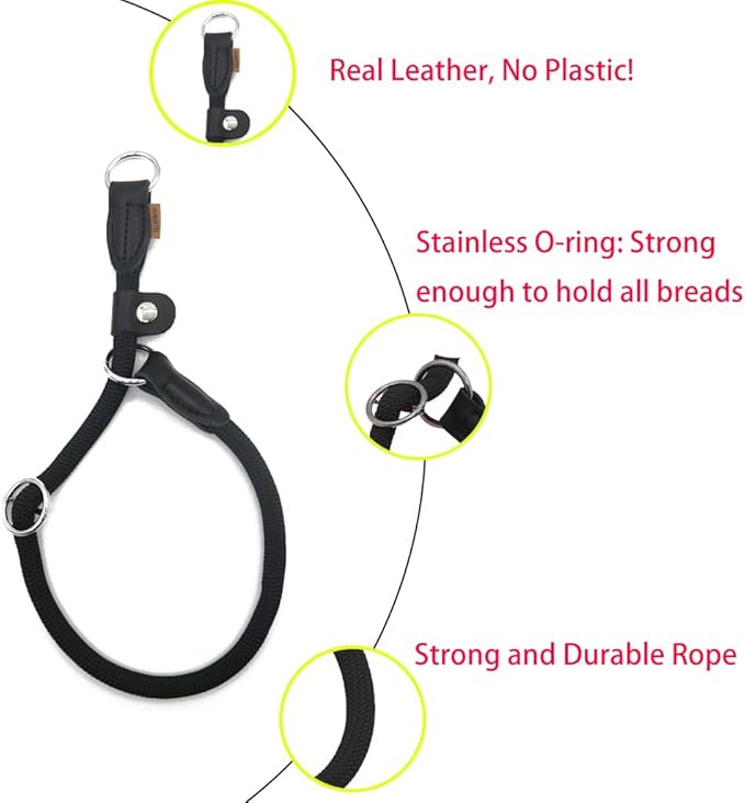 Braided Round Martingale Dog Collar, Training Collar with Slidable Stop Ring and Adjustable Stopper - Ideal for Medium Dogs (M(1/3") - 18" Long, Black)