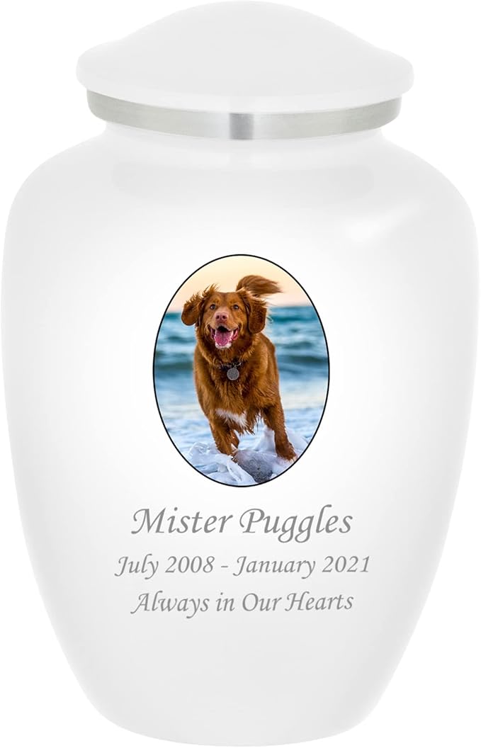 Homage Medium Custom Photo Pet Cremation Urn for Pet Ashes - Vase Style Pet Urn - 80 Cubic Inch Capacity - Personalization Included (White)
