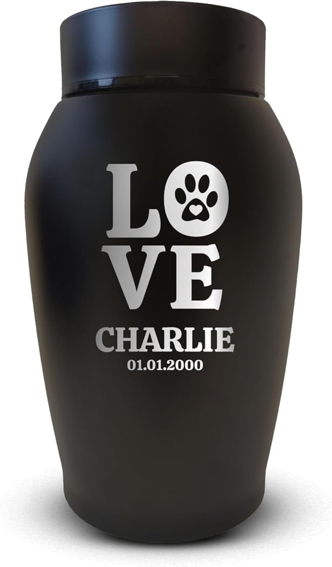 Personalized Custom Small Keepsake Urn Engraved with Pet Name, Date, and Dog Design - 5.2" Black Powder Coated Steel Cremation Urn for Dogs Ashes | 12-16 lb Capacity, Love Print