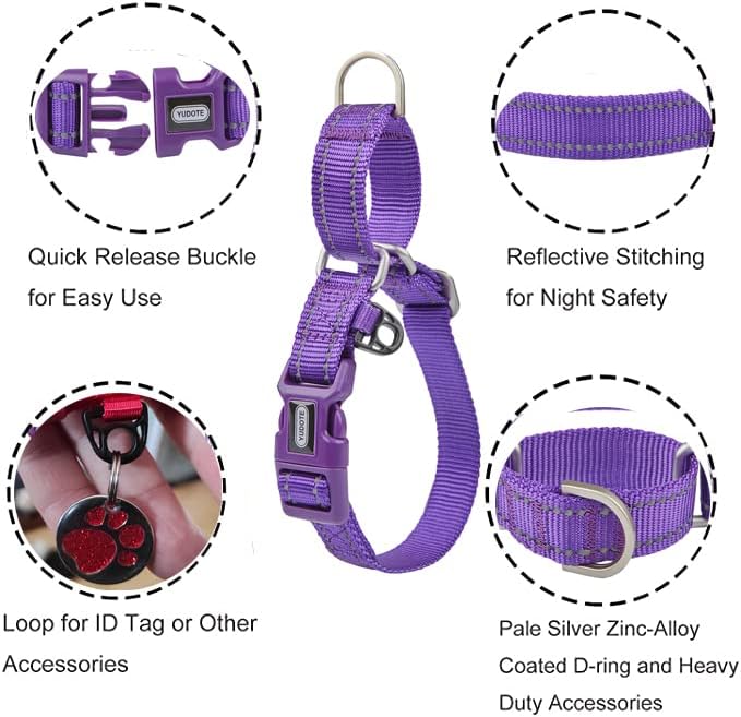 Martingale Collar Reflective Nylon Collar with Safety Quick Release Buckle,Escape-Proof Anti-Pull for Small Medium and Heavy Duty Dogs(Purple,L)